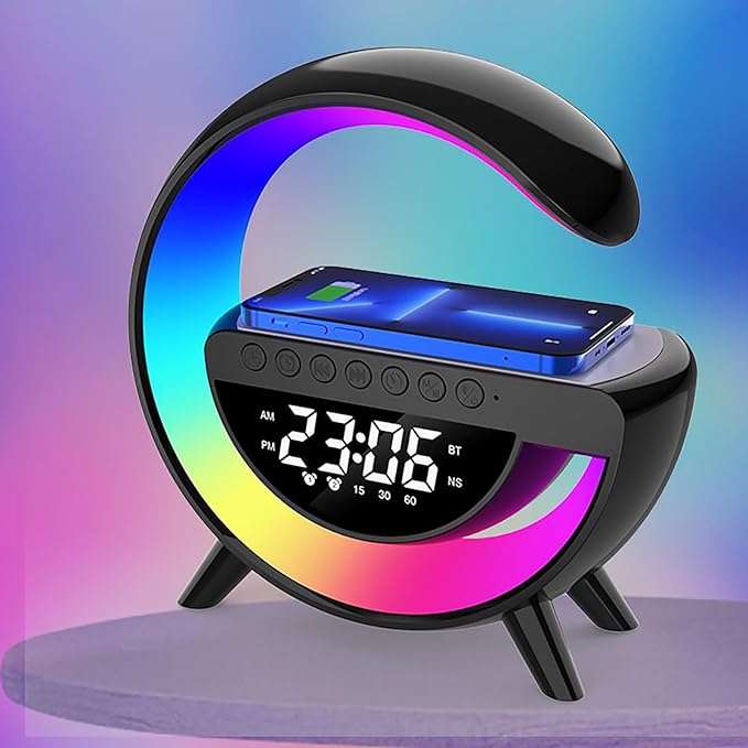 Table Lamp With Wireless Charging Alarm Clock for Bedroom Bedside Led Desk Lamp with 15W Wireless Charger, Atmosphere Lamp with Bluetooth Speaker