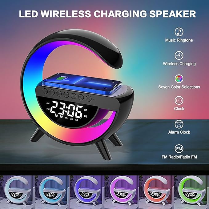 Table Lamp With Wireless Charging Alarm Clock for Bedroom Bedside Led Desk Lamp with 15W Wireless Charger, Atmosphere Lamp with Bluetooth Speaker - Image 3