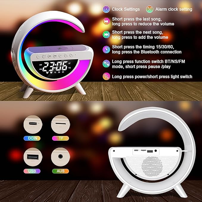Table Lamp With Wireless Charging Alarm Clock for Bedroom Bedside Led Desk Lamp with 15W Wireless Charger, Atmosphere Lamp with Bluetooth Speaker - Image 4